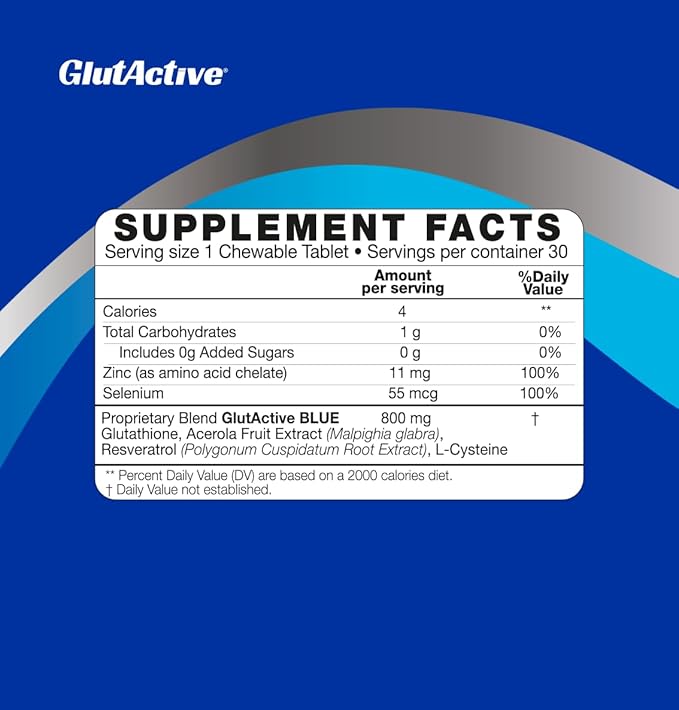 Blue 800mg | Glutathione | Antioxidant Increase Immunity &amp Energy – Detox &amp AntiAging Cysteine Selenium Zinc Resveratrol Acerola (VIT-C). Chewable. 30ct