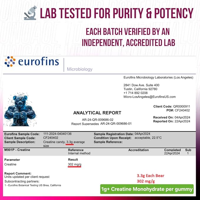 Creatine Monohydrate Gummies 5g with Prebiotic Fiber for Muscle Growth &amp Strength 30 Servings Strawberry - Lab Tested - 5000mg Premium All Natural