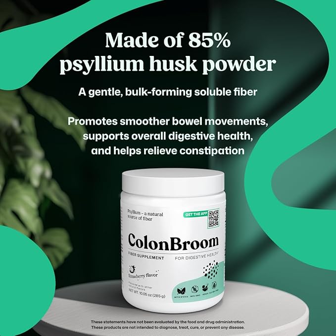 ColonBroom Psyllium Husk Powder - Colon Cleanse for Bloating Relief &amp Gut Health - Fiber Powder Drink - Easy to Mix - Vegan Gluten Free Non-GMO - Strawberry (100 Servings)