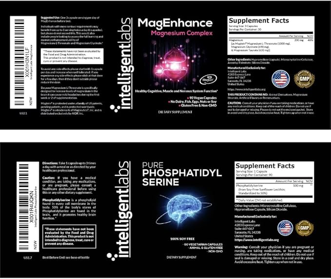 Intelligent Labs 2-in-1 Bundle of MagEnhance Triple Magnesium Complex (Magnesium L-Threonate Glycinate and Taurate) + Pure Phosphatidylserine 100mg GMO and Soy-Free 30-Day Supply Each