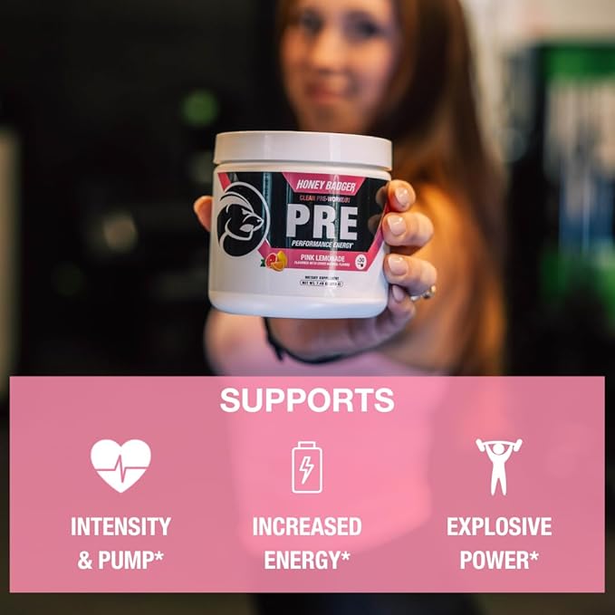 Honey Badger Pre Workout Powder Keto Vegan Preworkout for Men &amp Women Beta Alanine &amp Caffeine Sugar Free Natural Energy Supplement Pink Lemonade 30 Servings