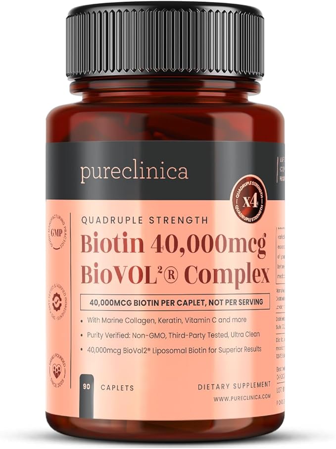 400% Strength Biotin 40000mcg x 90 Caplets – BioVOL²® Liposomal Biotin Complex | with Marine Collagen Keratin Vitamin C &amp More | 3 Months Supply