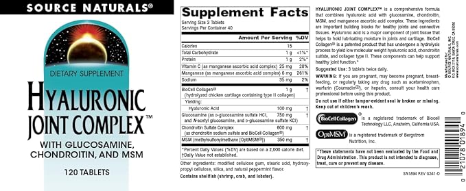 Source Naturals Hyaluronic Joint Complex with Glucosamine Chondroitin &amp MSM Extra Strength - 120 Tablets