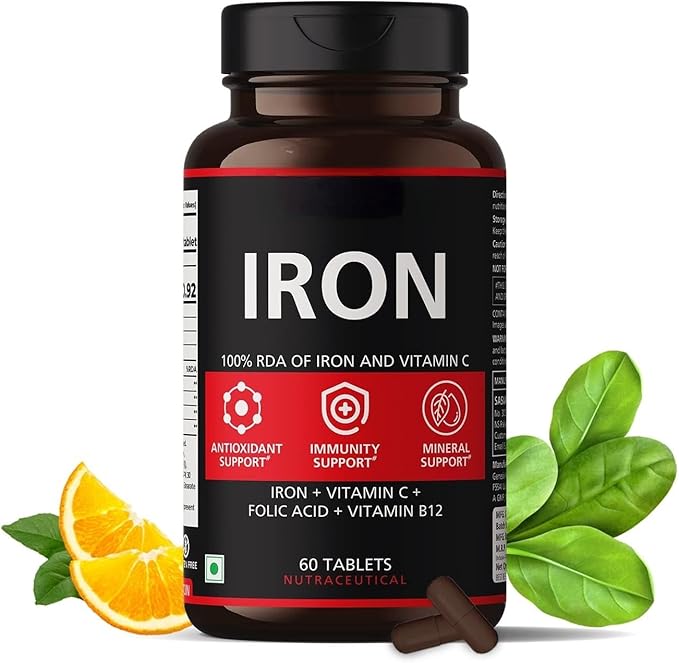 Iron Supplement for Women &amp Men with Vitamin C Folic Acid &amp Vitamin B12 - Iron Tablets Help Support Energy - 60 Veg Tablets