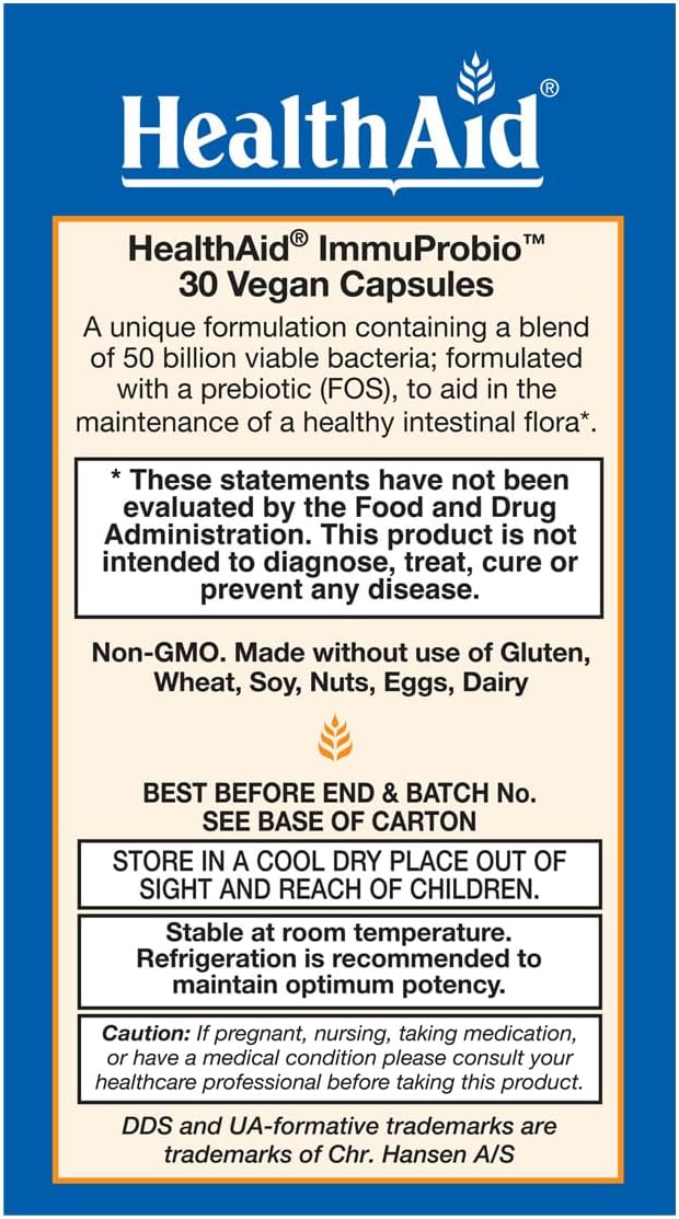HealthAid ImmuProbio 50 Billion CFU with Prebiotic 30ct Once Daily Acid &amp Bile Resistant Strains Vegan