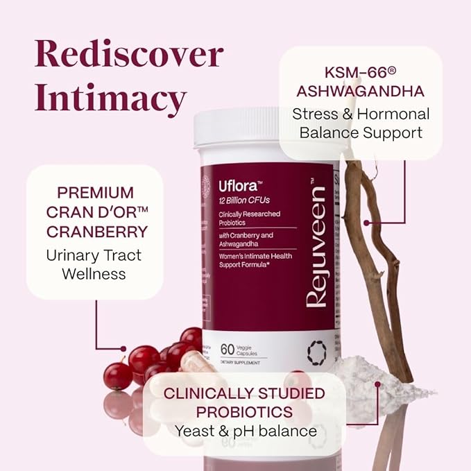 Uflora Vaginal Probiotics | Supports Vaginal Health Moisture &amp Yeast | Enhances Intimate Wellness | Clinically Proven Dosages | Probiotics Cranberry Ashwagandha | 60 Ct (2 Pack)