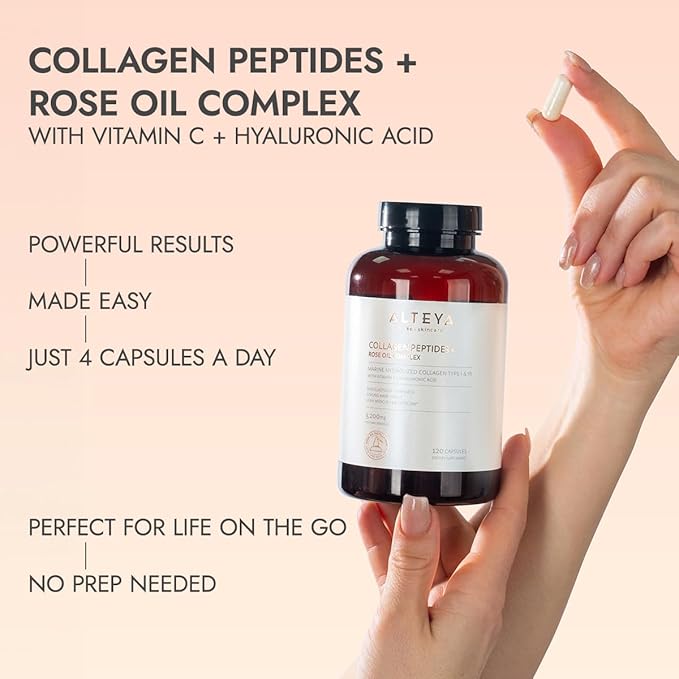 Alteya Organics Collagen Peptides &amp Rose Oil Complex – Beauty Supplement with 3200mg Marine Hydrolyzed Collagen Type I &amp III Vitamin C &amp Hyaluronic Acid – Skin Hair Nail &amp Joint Sup