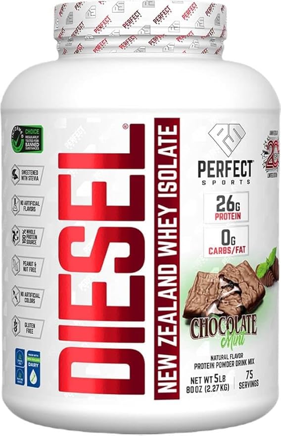 PERFECT SPORTS Diesel 100% New Zealand Whey Protein Isolate | Stevia Sweetened No Artificial Ingredients Keto | 0g Carb 0g Fat 26g Protein | 5 Pounds (Chocolate Mint)