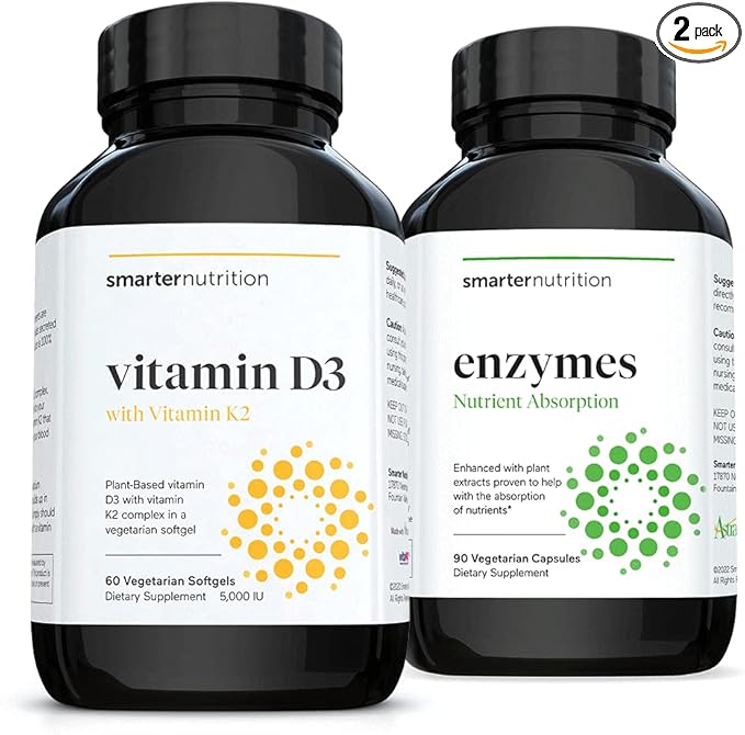 SMARTERNUTRITION Plant-Based Vitamin D3 Immune Support with Vegan K2 Complex + Smarter Nutrition Enzymes - Daily Digestive Aids with 16 Different Natural Enzymes