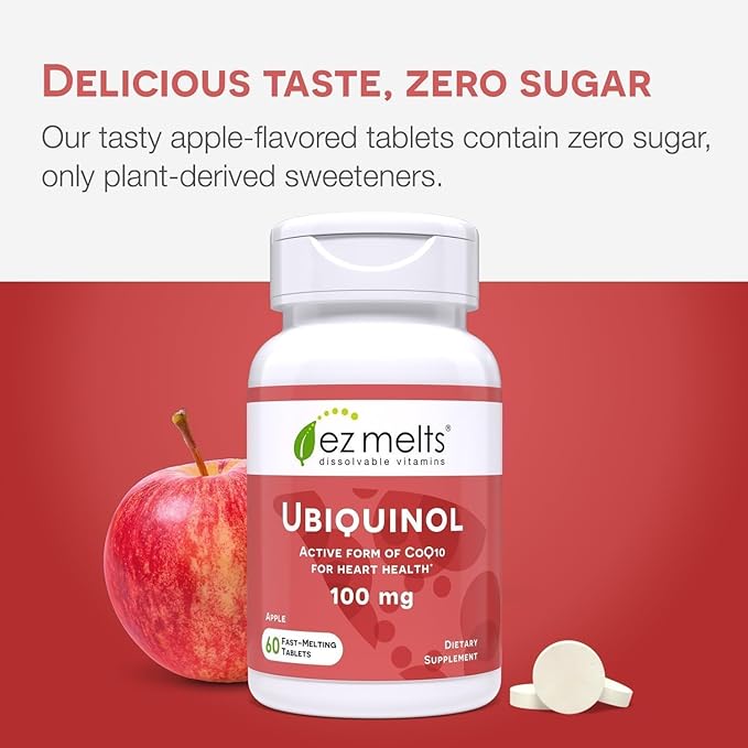 EZ Melts Ubiquinol 100 mg - CoQ10 Supplement for Heart Health &amp Energy Support - Antioxidant Protection - No Artificial Flavors - Non-GMO &amp Vegan - Apple - 120 Dissolvable Tablets (120 Serving
