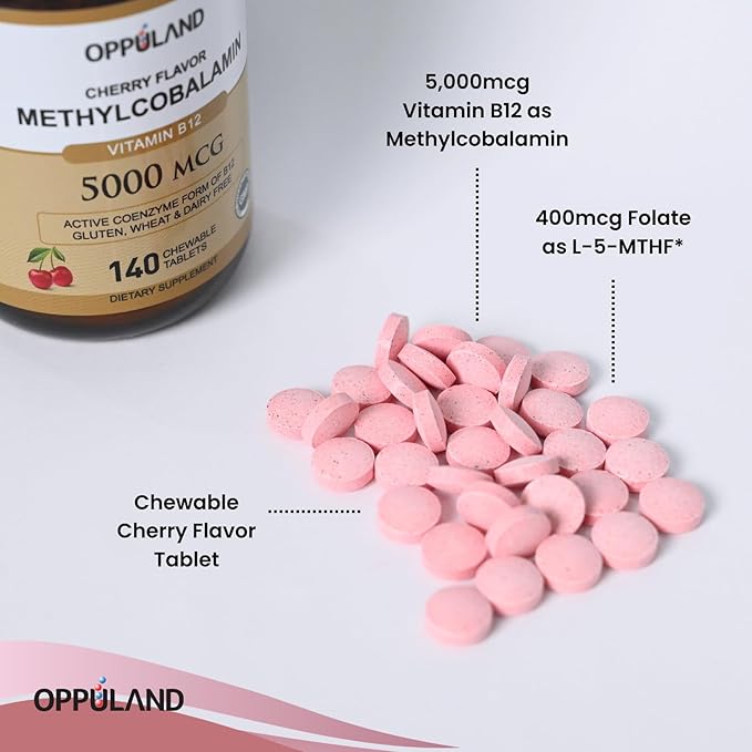 Methyl B-12 5000mcg Chewable with Folate - Vitamin B12 Methylcobalamin Sublingual Tablets - Supports Energy &amp Brain Function - Vegan Supplement - Cherry Flavor - 140 Count