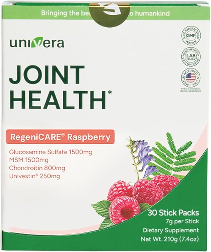 Glucosamine Chondroitin MSM with Univestin | Joint Support Powder Drink Mix for Mobility &amp Flexibility | Raspberry Flavor | 30-Day Supply (7g x 30 Sticks)