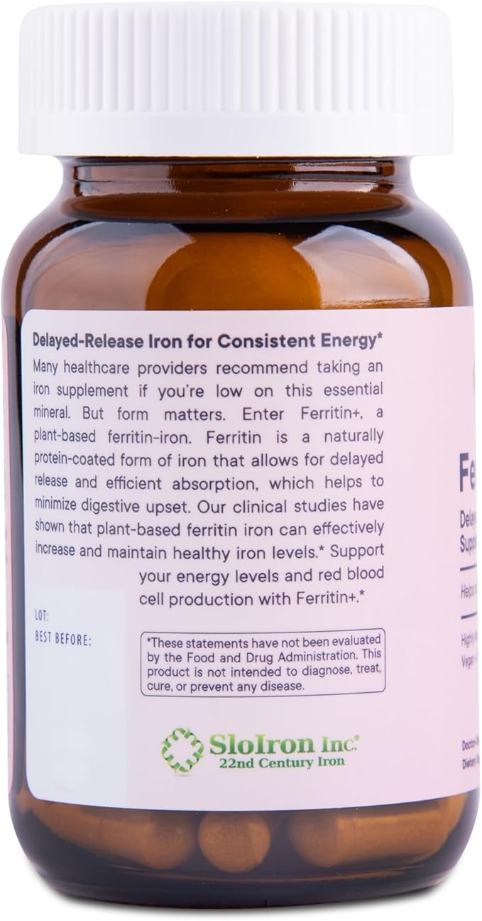 Flora Ferritin+ Delayed-Release Iron Supplement - Plant-Based Iron Supplement - Blood Cell &amp Energy Support - Vegan &amp Gluten-Free - Amber Glass Bottle - 60 Vegan Capsules