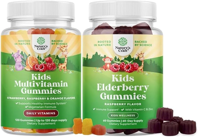Bundle of Plant Based Kids Multivitamin Gummies with Vitamins A C D3 E B &amp Zinc for Immunity and Sambucus Elderberry for Kids Health - Black Elderberry Gummies with Zinc &amp Vitamin C for Immune