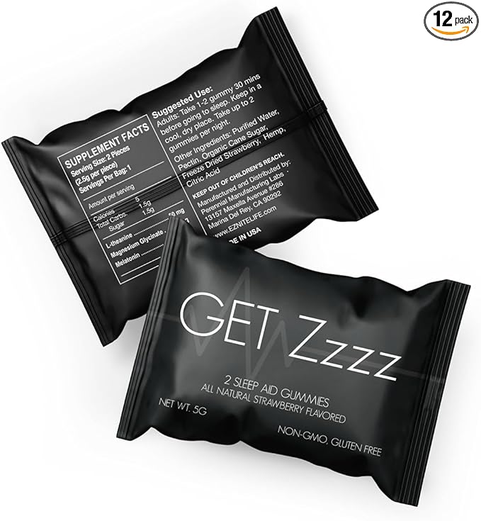 GET Zzzz Sleep Gummies | Vegan Non-GMO Gluten-Free Sleep Supplement with Melatonin L-Theanine &amp Magnesium Glycinate | Promotes Restful Sleep &amp Relaxation | Individually Wrapped Pack of 12