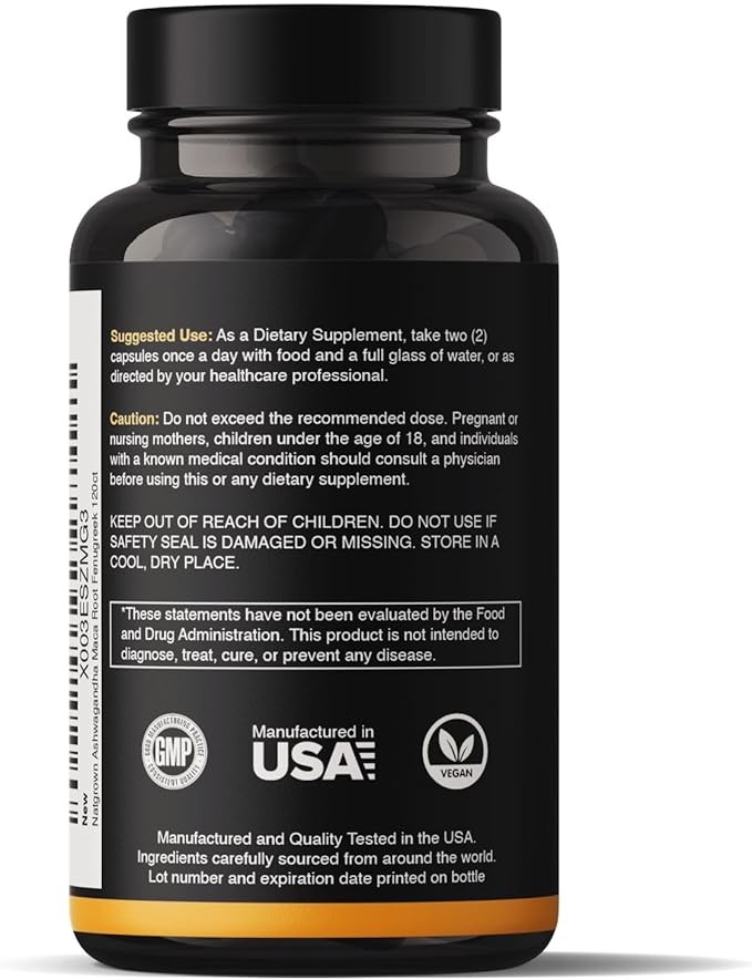Natgrown Ashwagandha Maca Root Fenugreek Extract Capsules Supplement for Men &amp Women - Vegan Pills - (120 Count)