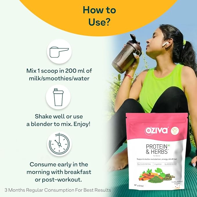 OZiva Protein &amp Herbs Women with Multivitamins Curcumin Shatavari Tulsi for Improved Metabolism Hormonal Balance &amp Skin Hair Health 2.2 lbs Vanilla Almond. Soy Free Gluten Free Non G