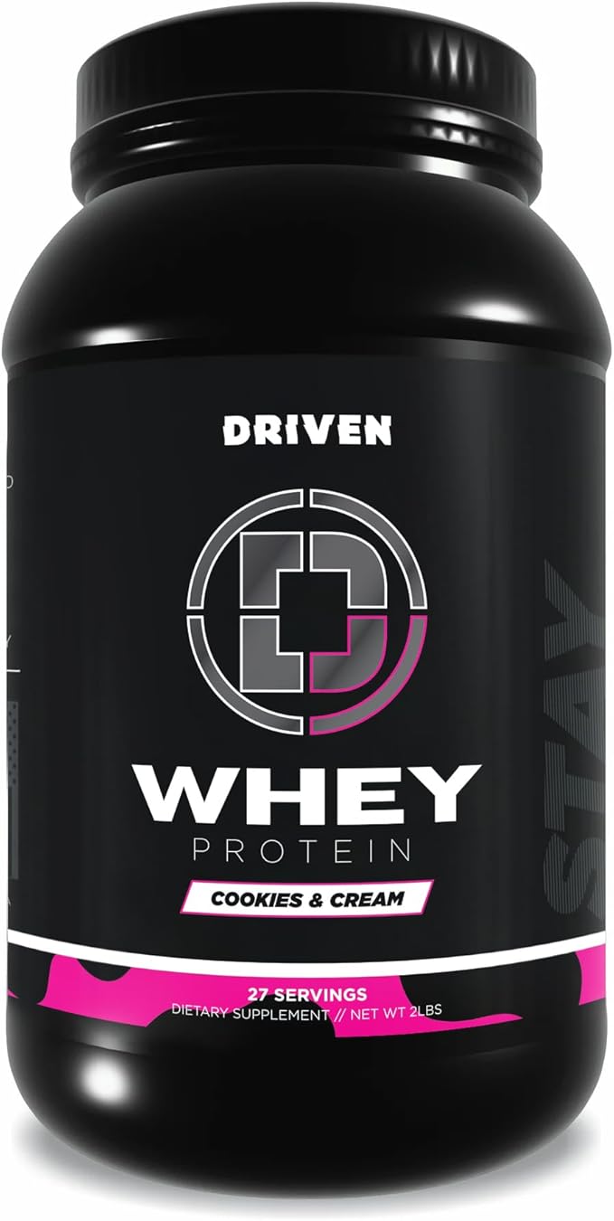 Driven WHEY- Whey Protein Powder: Delicious Clean Protein Shake- Improve Muscle Recovery with 23 Grams of Protein with Added BCAA and Digestive Enzymes (2lb Cookies &amp Cream)