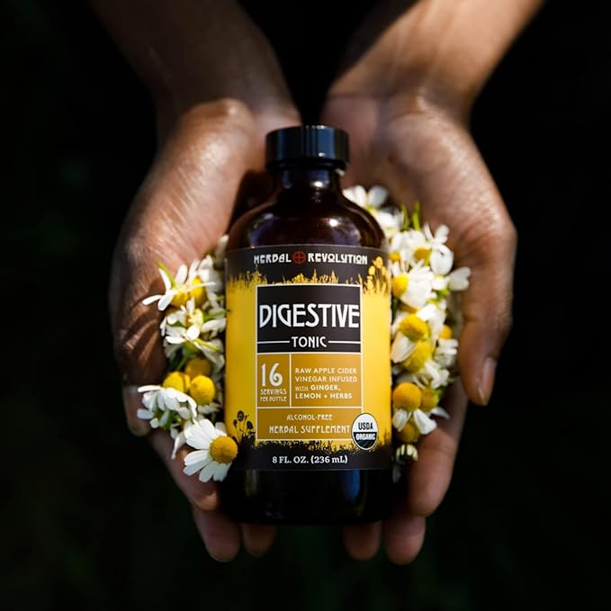 Herbal Revolution Digestive Tonic - Certified Organic Non-GMO Apple Cider Vinegar Infused with Honey Burdock Root Dandelion Lemon Balm &amp More Made Using Regenerative Farming Practices - 8 Fl O