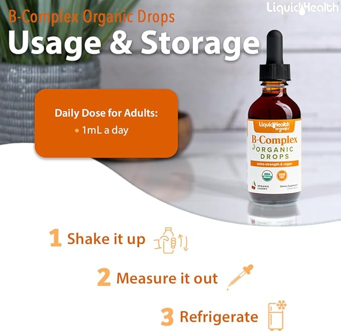 LIQUIDHEALTH USDA Organic Vitamin B Complex Drops for Men &amp Women - Natural Energy Improved Focus Memory &amp Mood Immune Support Metabolism Boost - USA Made Extra Strength No Sugar Vegan