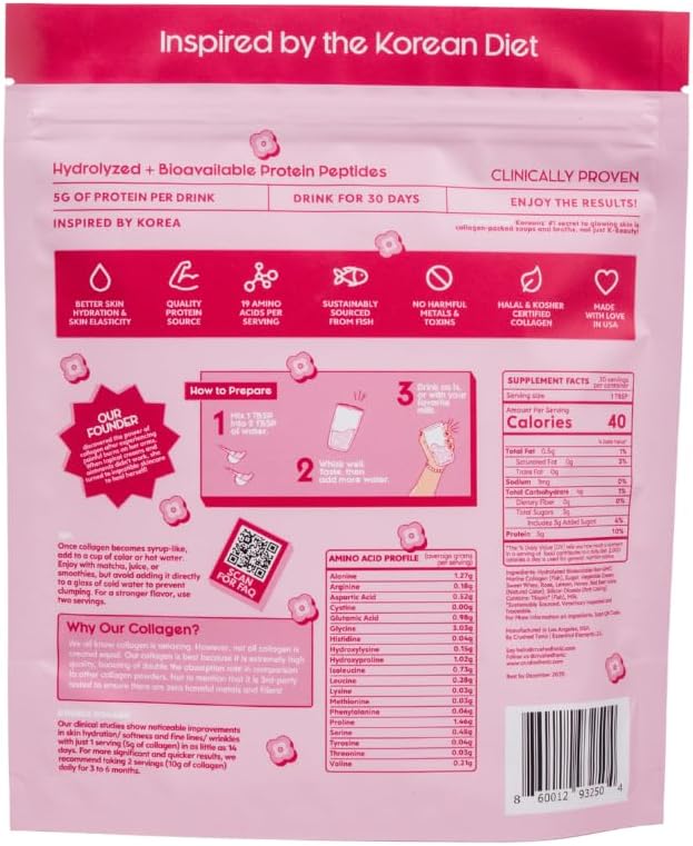 Crushed Tonic Marine Collagen Powder Korean Beauty Drink with Hydrolyzed Collagen Peptides for Skin Hair &amp Nails | Gluten-Free Halal &amp Kosher (Rose Latte 30 Servings (150 g) Pouch)