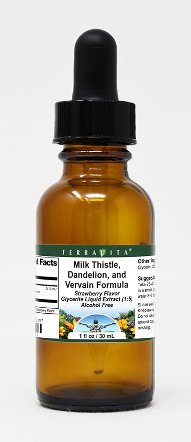 Terravita Milk Thistle Dandelion and Vervain Formula Glycerite Liquid Extract (1:5) - Strawberry Flavored (1 oz ZIN: 523747)