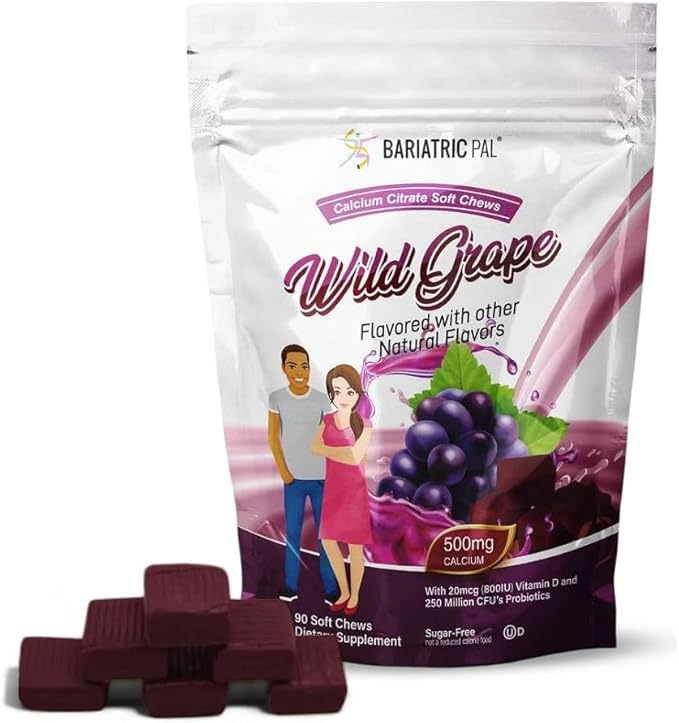 BariatricPal Sugar-Free Calcium Citrate Soft Chews | 500mg with Vitamin D &amp Probiotics | Wild Grape | 90 Count (1 Month Supply)