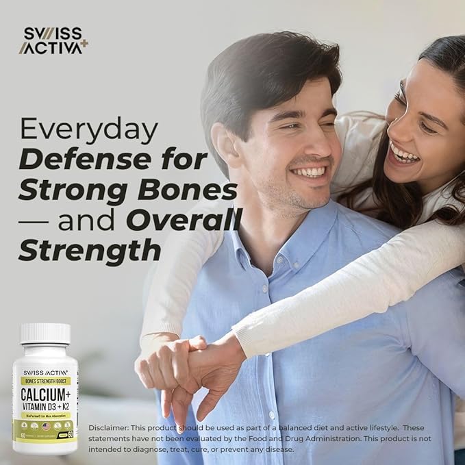 Swiss Activa+ Labs Calcium with Vitamin D3 &amp K2 – Vegan Non-GMO Bone &amp Teeth Support Supplement – Immune &amp Muscle Function – Heart Health D3 K2 Vitamins for Men &amp Women Gluten–60 Day