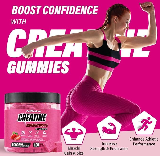 Creatine Monohydrate Gummies for Men &amp Women-5g of Creatine Monohydrate per Serving- Help Increase Strength and Build MuscleSugar FreeVeganStrawberry Flavor 120 Count