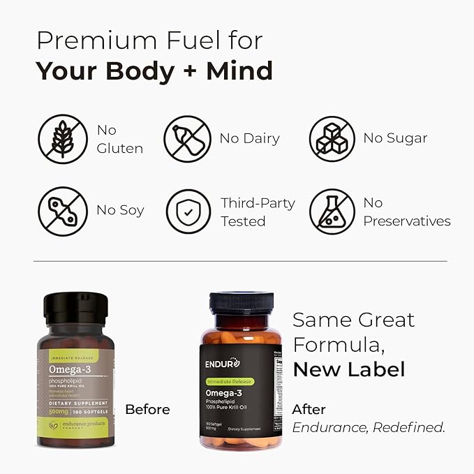 Endur Omega-3 Phospholipid (100% Pure Krill Oil) Heart Health Supplement Formulated for Optimal Absorption Gluten Free 500mg (180 Softgels)