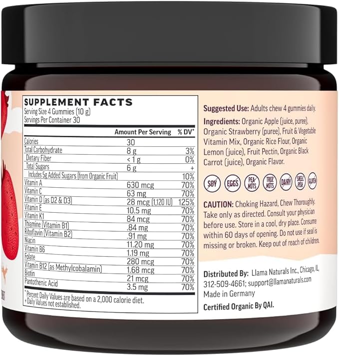 Llama Naturals Real Fruit Multivitamin Gummies | Kids &amp Women's Whole Food-Based Vitamins | No Added Cane Sugar | Organic Vegan Chewable | 90 ct &amp 120 ct | Strawberry