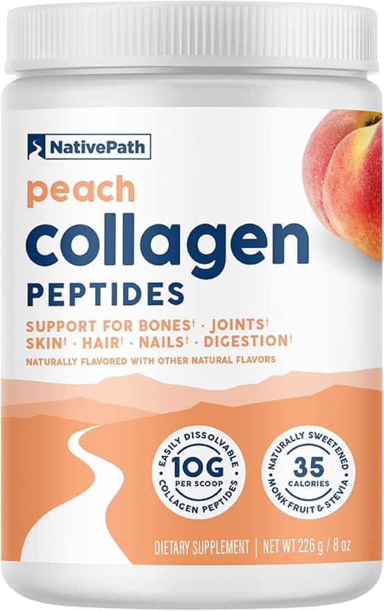 NativePath Collagen Peptides - Hydrolyzed Type 1 &amp 3 Collagen. Keto &amp Paleo Grass-Fed Protein Powder for Hair Skin Nails Bones Joints Digestion and More - No Gluten or Dairy (Peach 226g)