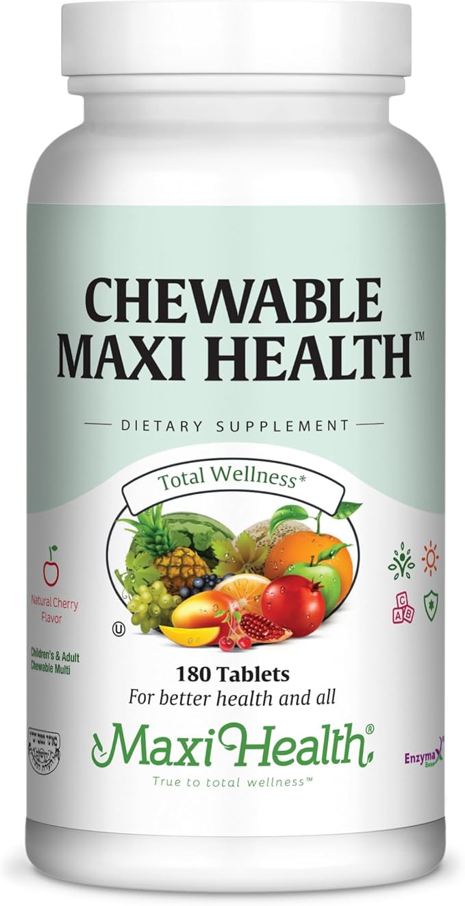 Maxi Health Chewable Multivitamin for Kids Teens and Adults - Cherry Chewable Vitamins for Adults &amp Children - Kosher Kids Multivitamin + Iron (180 Tablets)