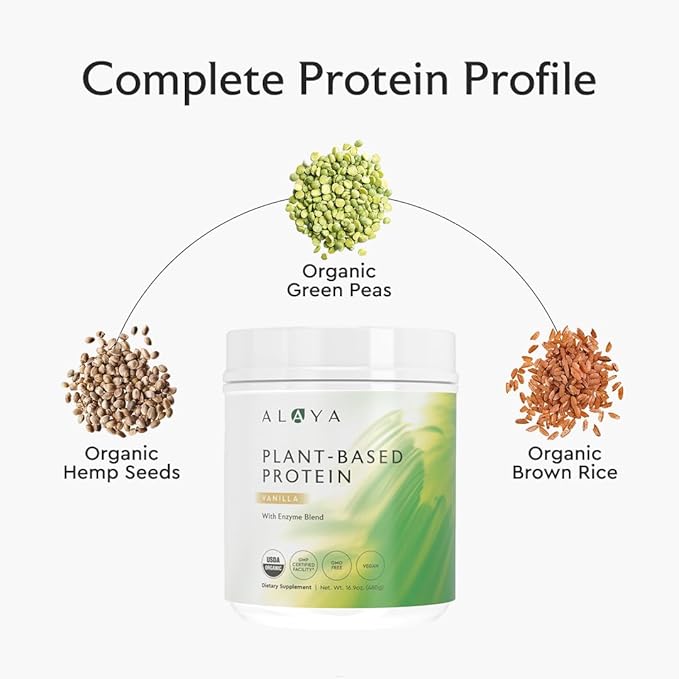 Alaya Naturals Organic Plant Based Protein Powder - Vegan Protein Powder with Pea Protein Hemp Protein &amp Spirulina - Non-GMO USDA Organic Vanilla