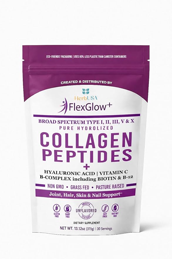 FlexGlow+ Collagen Peptides – Broad Spectrum (I II III V X) – Hyaluronic Acid Biotin &amp Vitamin C - Hair Skin &amp Joint Support – 30 Servings (Unflavored) (13.12 oz)