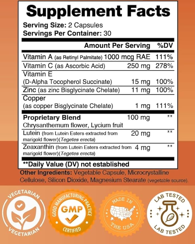 Optic Care Eye Vitamins – Lutein Zeaxanthin Vitamins A C E Zinc Copper Chrysanthemum &amp Goji – Antioxidant Micronutrient Formula for Vision Support – 3 PK