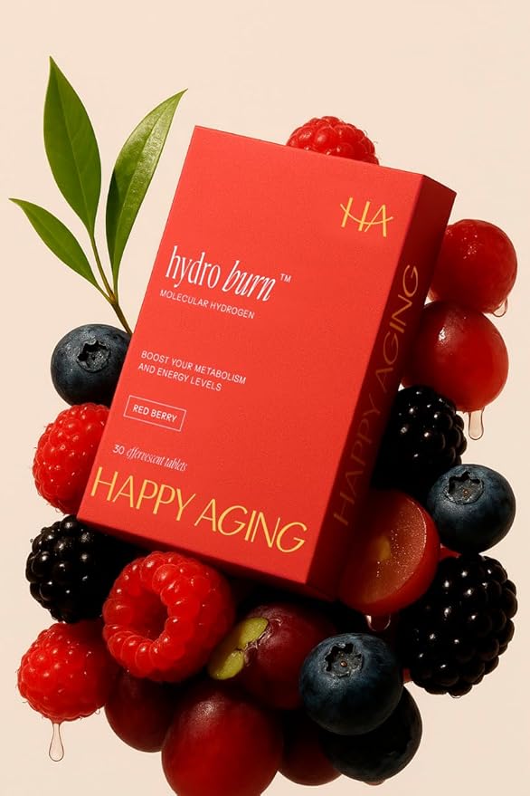 Happy Aging Hydro Burn H2 Molecular Hydrogen Water Tablets|Clean Energy &amp Metabolic Support| Molecular Hydrogen with Magnesium| Fast-Dissolving Keto Antioxidant|30 Red Berry Tablets