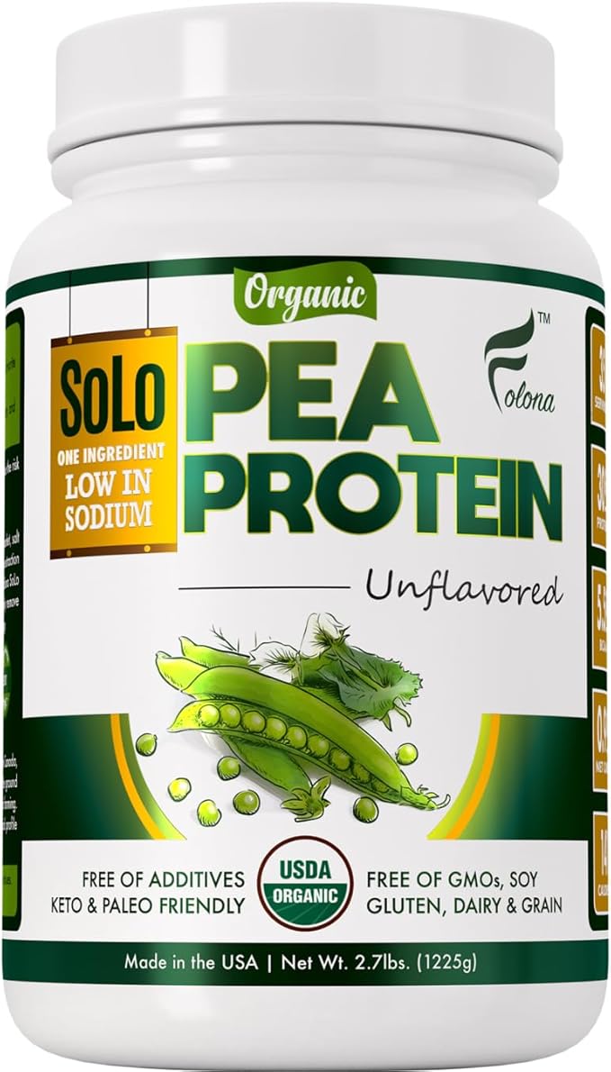 SOLO Organic Pea Protein Isolate Low in Sodium Canada Grown Peas 100% Vegan Non-GMO Unflavored Plant Based Protein Powder with BCAA Keto &amp Paleo Friendly Easy to Digest No Additives (2.7 l