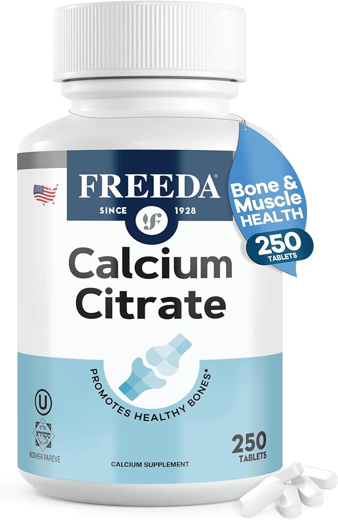 Freeda Pure Calcium Citrate 1000mg per Serving – Kosher Vegan Bone Strength Supplement – Supports Bone Density &amp Muscle Function – Calcium Supplements for Women and Men – No Vitamin D (250 Tablets