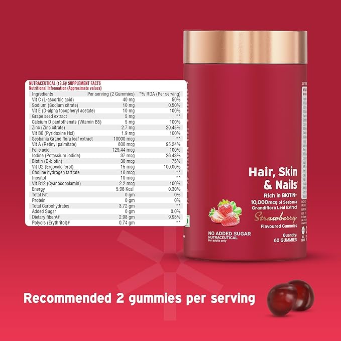 Biotin Gummies for Healthy Hair Skin &amp Nails Growth | with High Potency 10000 mcg of Sesbania Extract Natural BiotinFolic Acid &amp Multivitamins No-Added Sugar Strawberry Flavor|60 Gummy