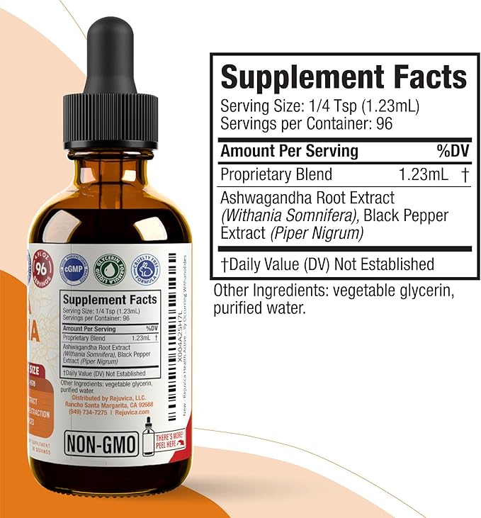 Rejuvica Health Ashwagandha Liquid Drops with Black Pepper Extract – Enhanced Absorption with Piperine &amp Withanolides – High Potency Adaptogen Tincture for Stress &amp Mood Support for Men &amp