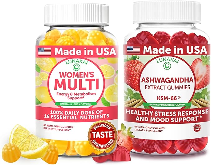Lunakai USA Made Women’s Multi &amp Ashwagandha Gummies Bundle – 16 Essential Nutrients &amp KSM-66 Extract – 60 Ct Each