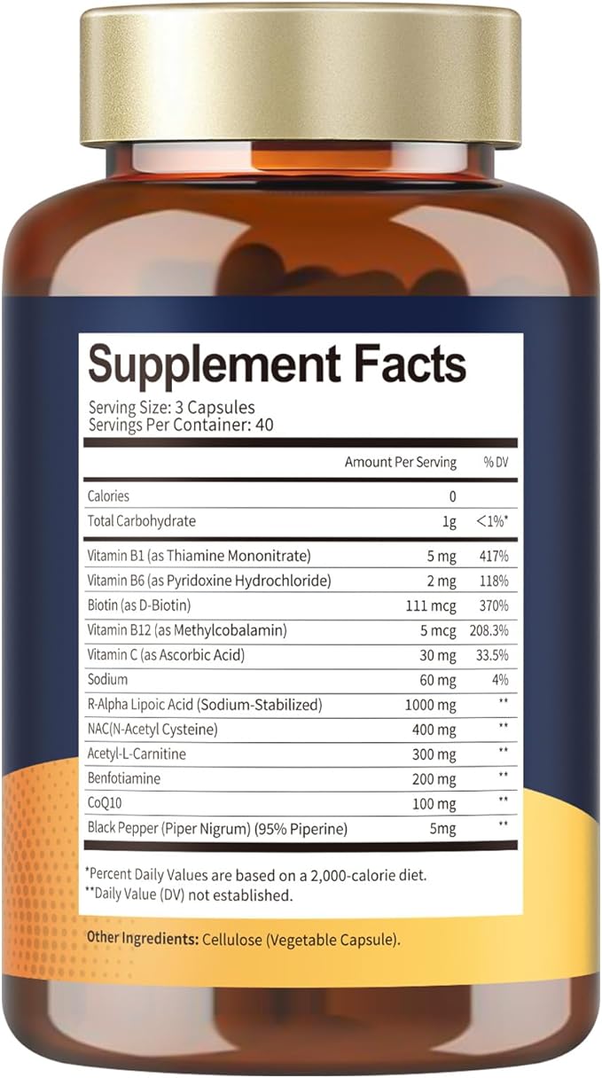 (2 Packs) R Alpha Lipoic Acid 1000mg with Benfotiamine - Sodium ALA Supplement for Neuropathy Support Nerve Health &amp Antioxidant Cell Energy Metabolism and Anti-Aging Non-GMO Gluten Free Vega