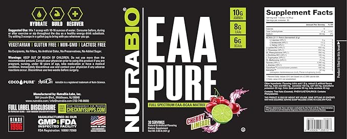 NutraBio – EAA Pure – 9 Amino Acids – Muscle Repair and Recovery 30 Servings Cherry Limeade – Pre or Post Workout – All Day Recovery
