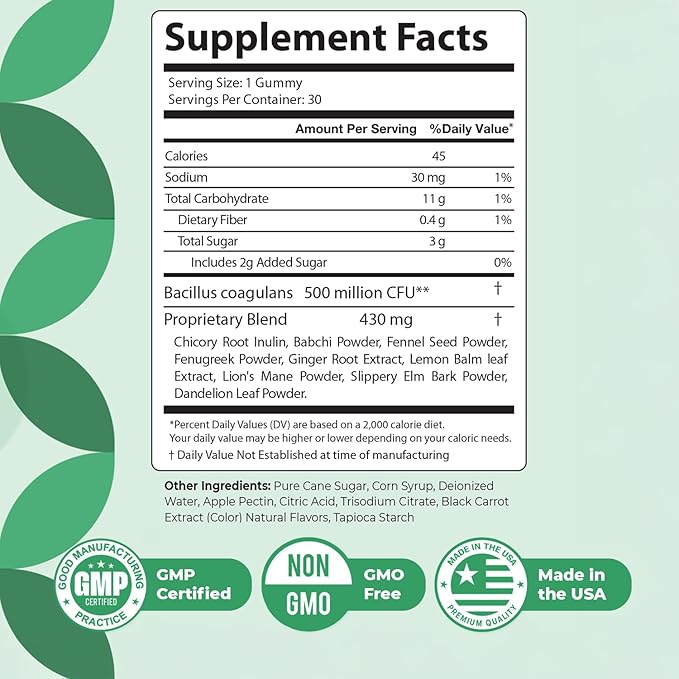 Sequente GutCore – Daily Probiotic &amp Botanical Gummy with Bacillus Coagulans Chicory Root Ginger Lion’s Mane &amp Herbal Blend – Non-GMO Stimulant-Free Formula –30 Gummies 1 Month Supply
