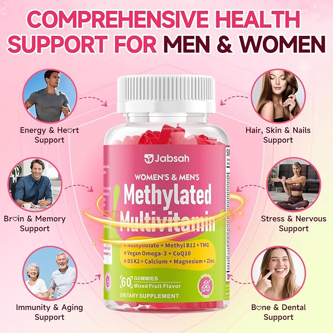 Methylated Vitamin B Complex Gummies for Women &amp Men Multivitanins Gummy with Vitamin A C E Methylfolate &amp B12 TMG Calcium D3 K2 Magnesium &amp More for Overall Health-Vegan Sugar Fr