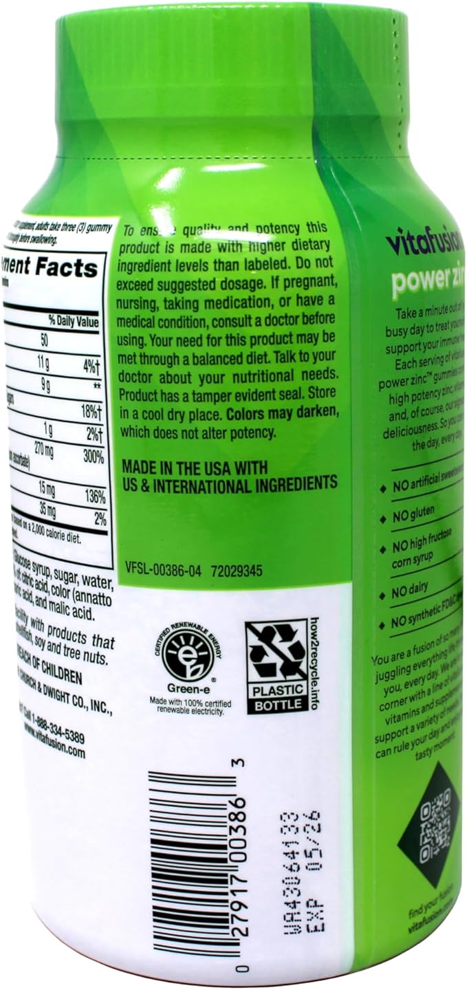 Vitafusion Power Zinc Gummy Vitamins 15 mg Zinc per Serving High Potency Zinc &amp Vitamin C for Immune Support Natural Strawberry and Tangerine Flavor 90 Count (Pack of 3)