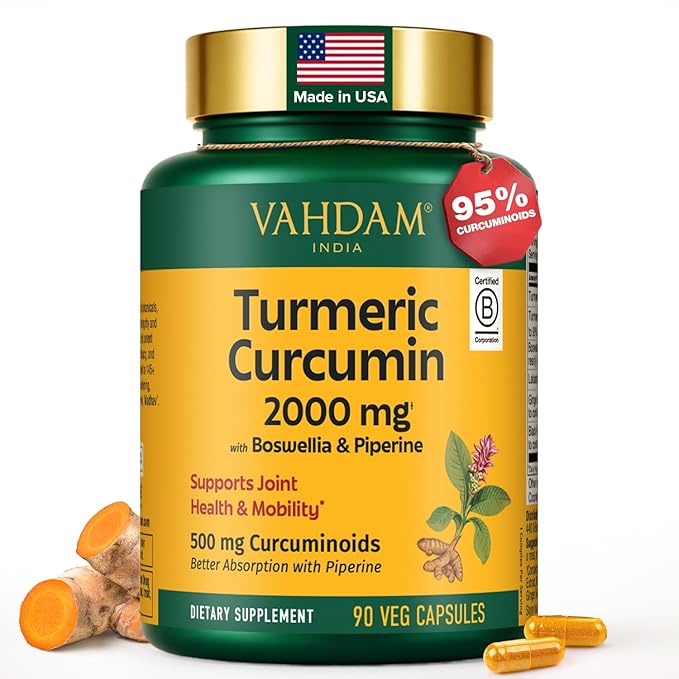 VAHDAM Turmeric Curcumin Supplement 2000mg (500mg Curcuminoids) with Boswellia &amp Piperine for Fast Absorption | Supports Joint Health and Mobility | 90 Capsules