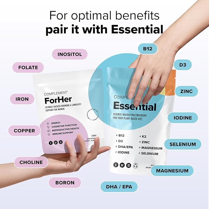 Complement ForHer &amp Essential Vegan Multivitamin Bundle – 30-Day Women’s Wellness Support with Omega 3 B12 D3 Iron Folate &amp More – Energy Immunity &amp Hormonal Balance