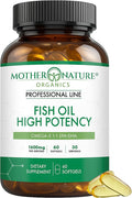 High EPA DHA Omega 3 Fish Oil 1600mg – 120 Softgels Glass Bottle by Mother Nature Organics – Heart Brain &amp Joint Support – Burpless High Absorption Pure Sustainable Omega 3 Fatty Acids Supplem